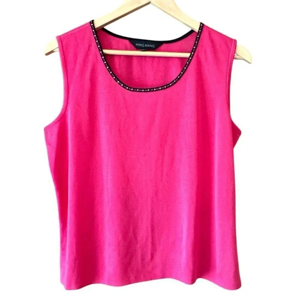 MING WANG Hot Pink Knit Tank Top Studded Neckline Side Slits